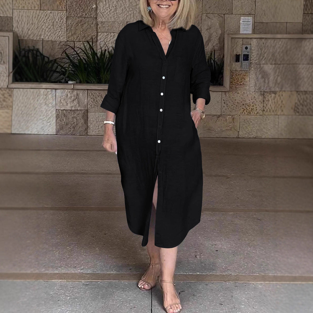Damen Leichtes Sommerkleid mit Knopfleiste und langen Ärmeln Stalluxe