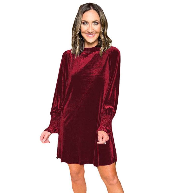 Damen Elegantes Samt-Kleid mit langen, puffigen Ärmeln und steigendem Kragen Stalluxe