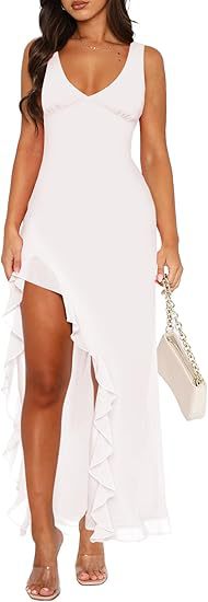 Damen Maxikleid mit asymmetrischem Saum und Rüschendetails Stalluxe