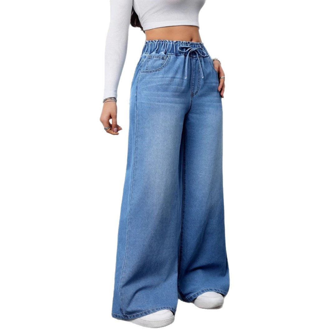 Damen Hochtaillierte Weite Jeans mit bequemem Kordelzug Stalluxe