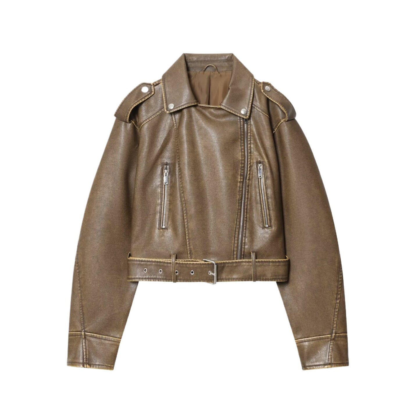 Damen modische Bikerjacke im Vintage-Look mit Taillengürtel und Reißverschlusstaschen Stalluxe