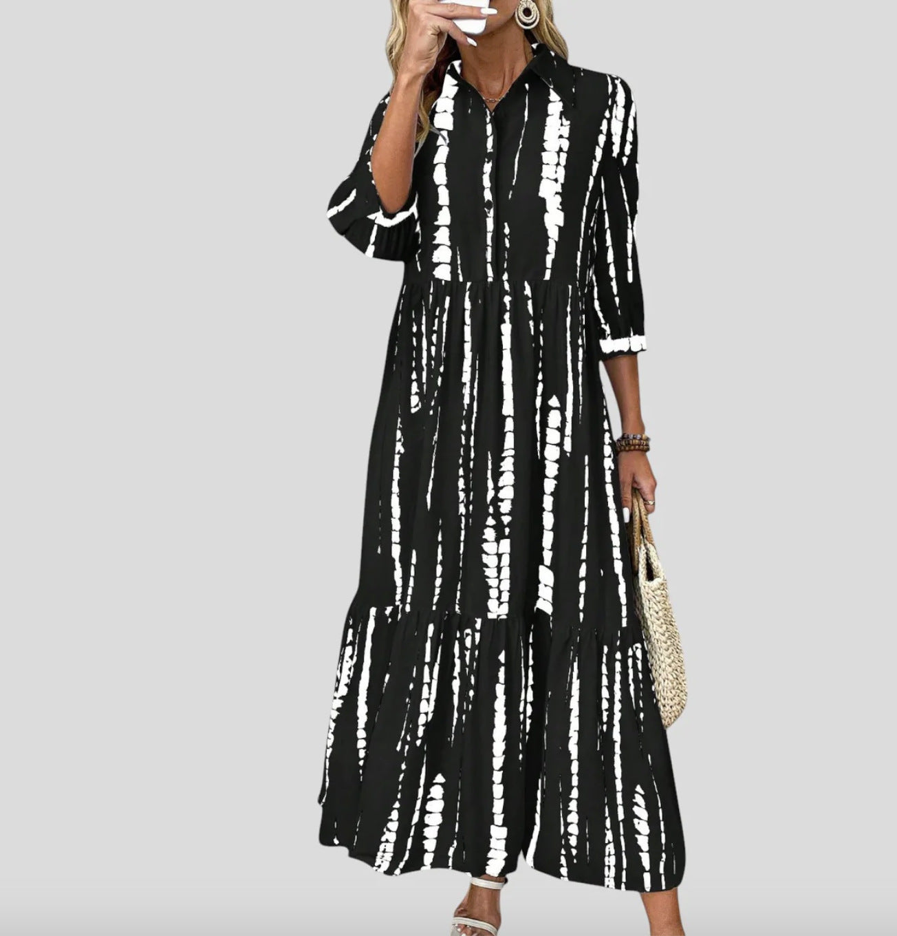 Damen Langarm Maxikleid mit modernen Streifenmuster und Taschen Stalluxe