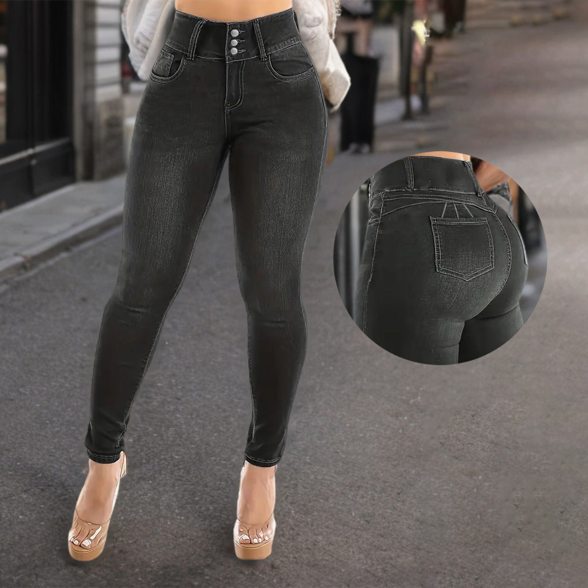 Damen Hochtaillierte Slim-Fit Jeans mit Knopfdetail Stalluxe