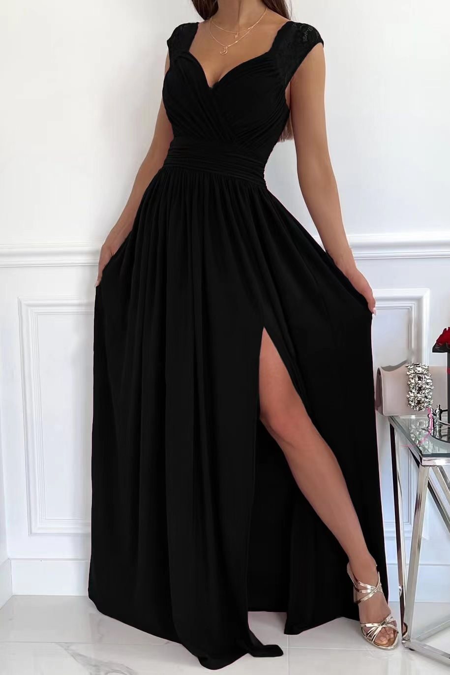 Damen elegantes Maxikleid mit Spitzenärmeln und seitlichem Schlitz Stalluxe