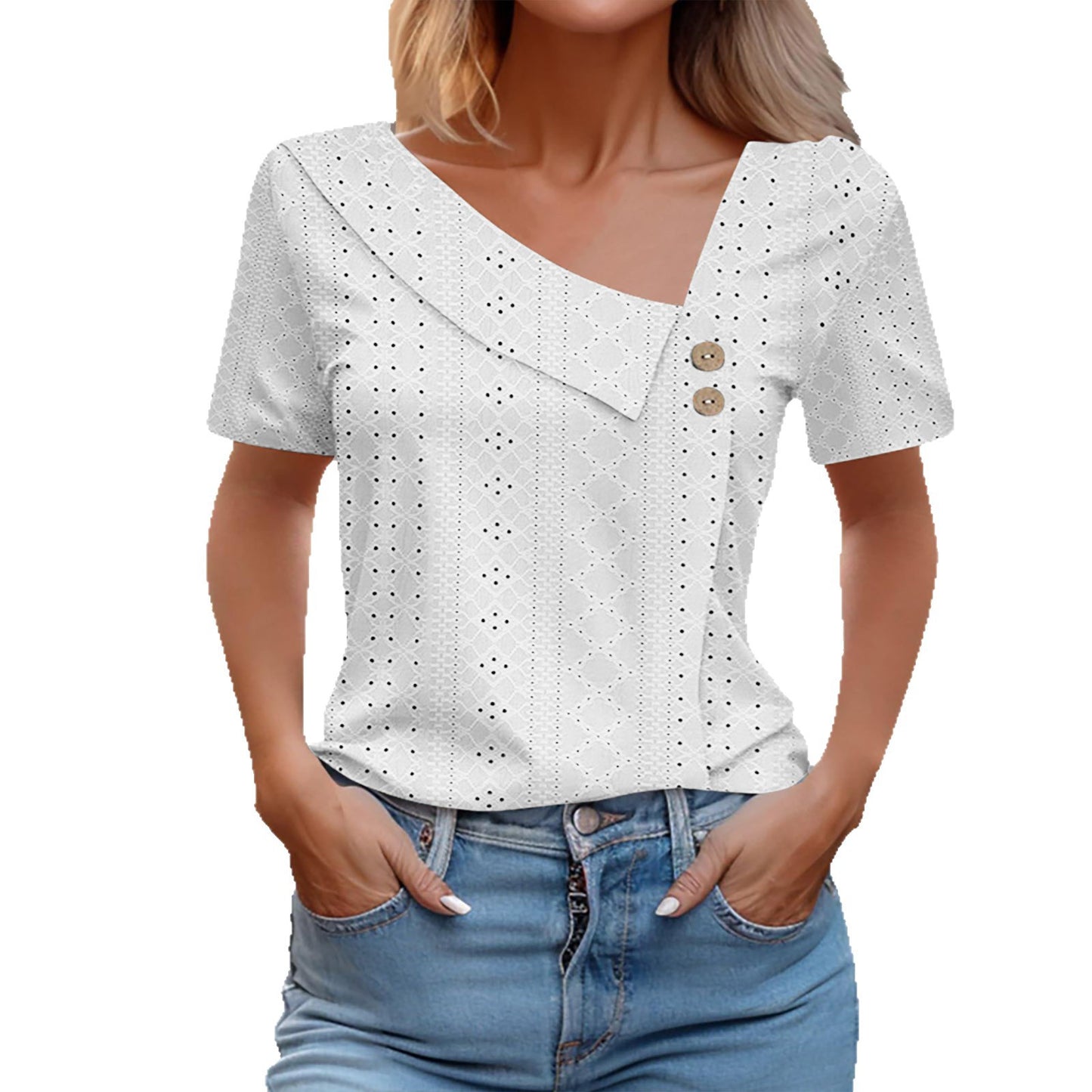 Women's Eyelet Patterned Button-Up Top Stalluxe