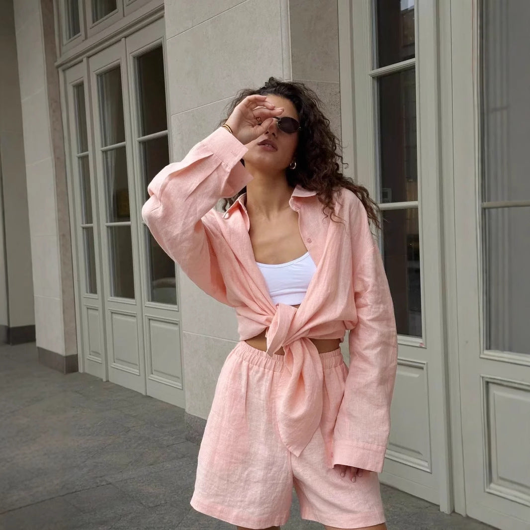 Damen lässige Leinenbluse und Shorts Set Stalluxe