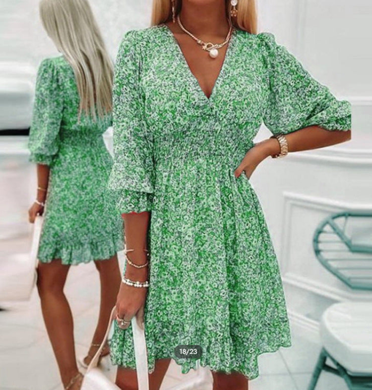 Damen Blumenmuster Mini-Kleid mit V-Ausschnitt und elastischem Bund Stalluxe