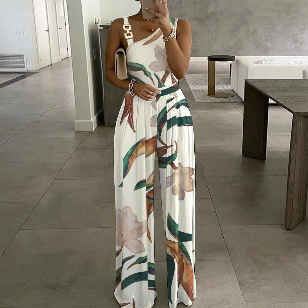 Damen Eleganter Jumpsuit mit floralem Design und asymmetrischem Träger Stalluxe