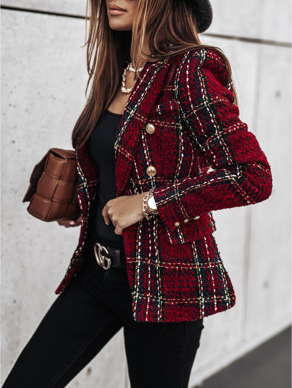 Damen Eleganter Tweed-Blazer mit doppelter Knopfreihe und strukturiertem Gewebe Stalluxe