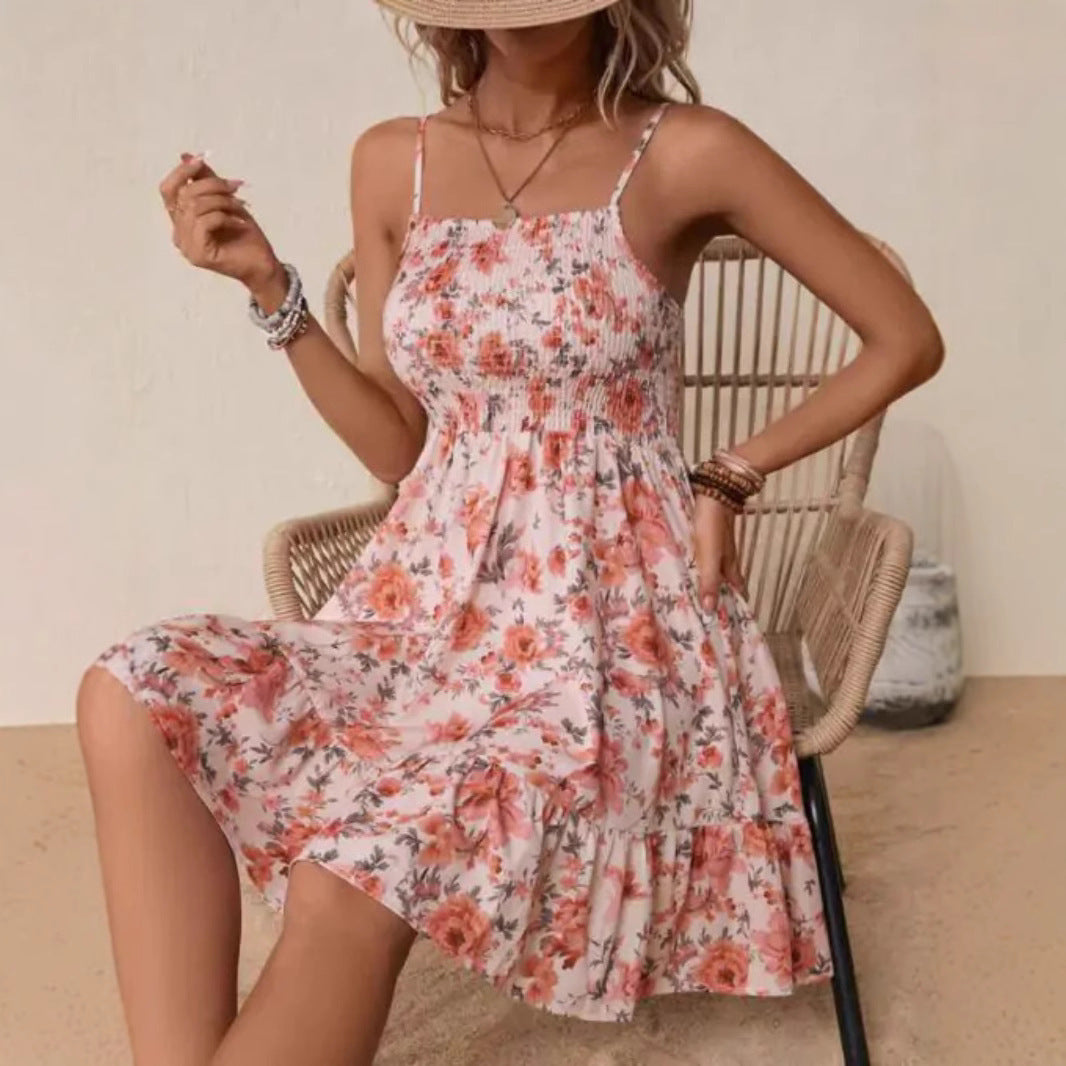 Damen Blumenkleid mit Spaghetti-Trägern und Rüschensaum Stalluxe
