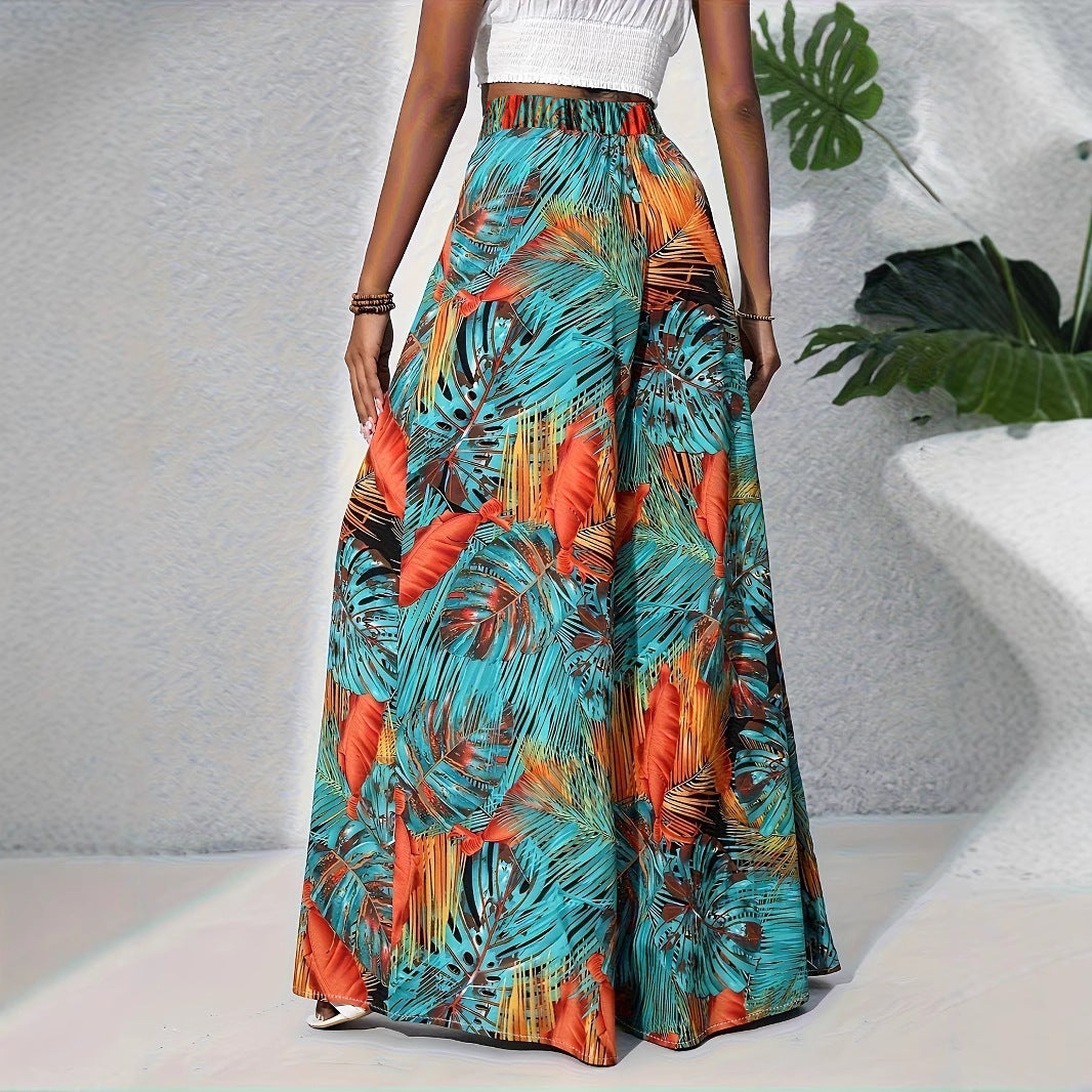 Damen Palazzo-Hose mit lebendigem Palmenmuster und elastischem High-Waist-Bund Stalluxe