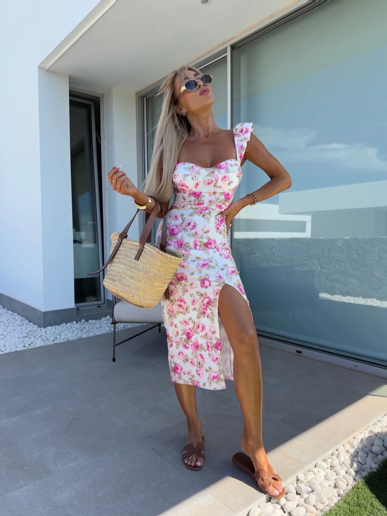 Damen Floral Maxikleid mit Rüschendetails und seitlichem Schlitz Stalluxe
