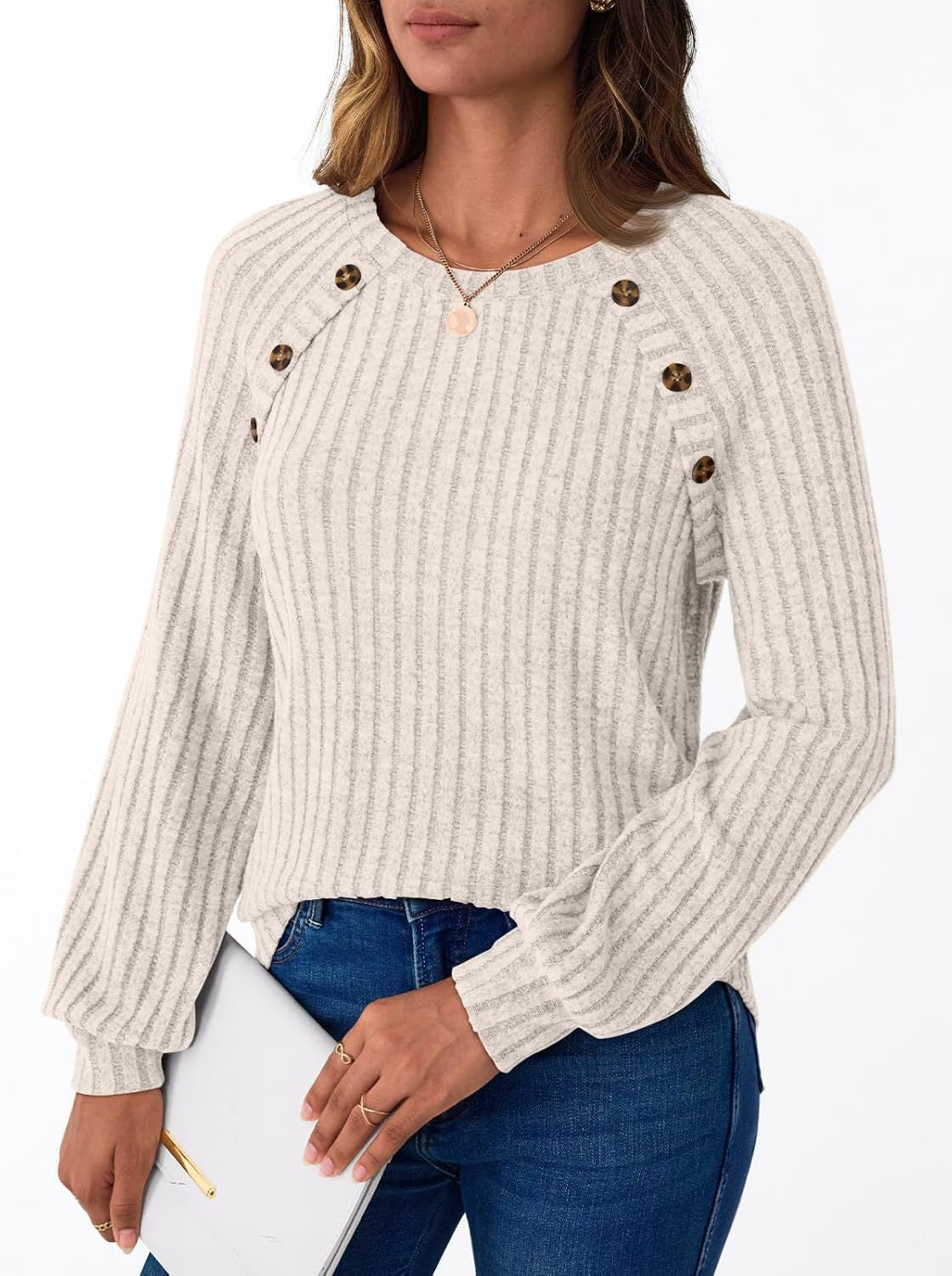 Damen Strickpullover mit dekorativen Knöpfen und feiner Rippstruktur Stalluxe