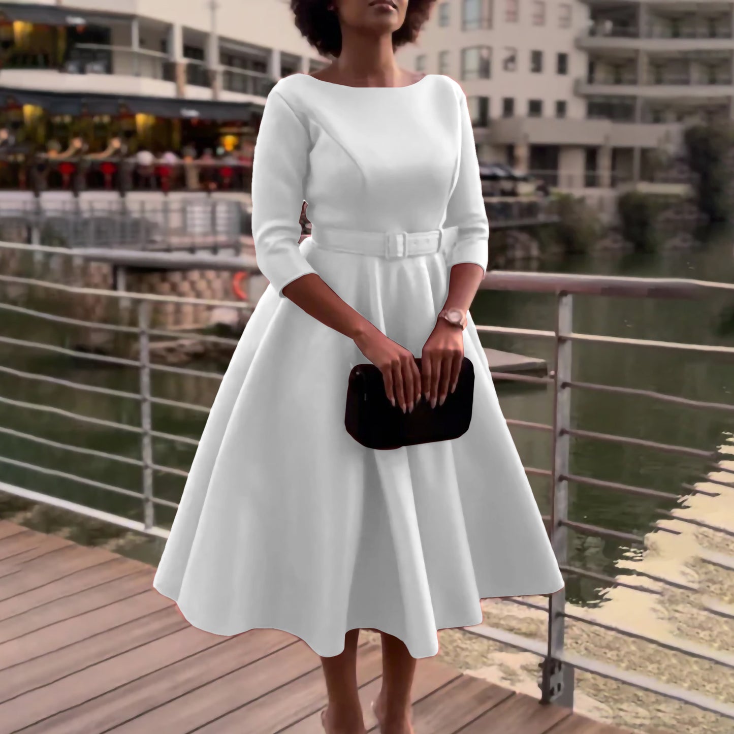 Damen Elegantes A-Linien Kleid mit Gürtel und ¾-Ärmeln Stalluxe