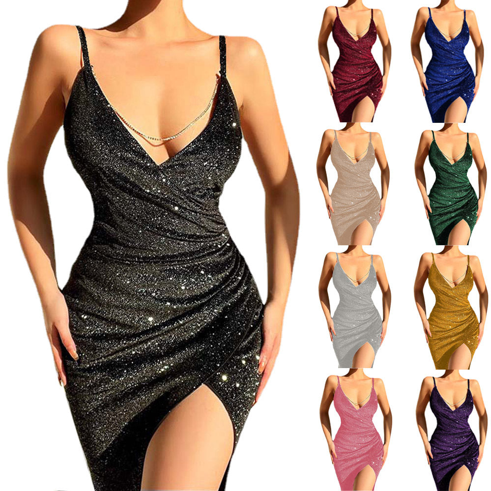 Damen Glamouröses Wickelkleid mit tiefem V-Ausschnitt und glitzerndem Material Stalluxe