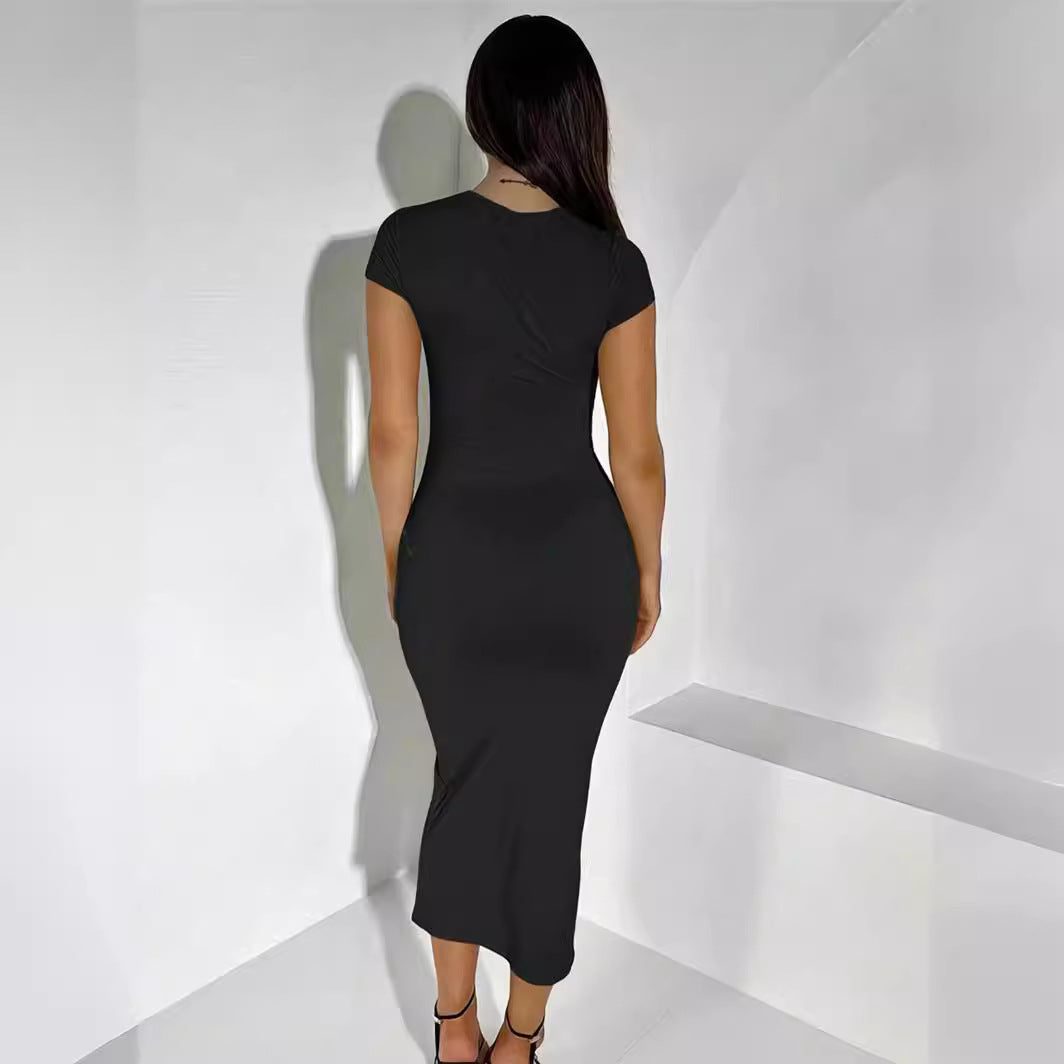 Damen körperbetontes Midi-Kleid mit kurzen Ärmeln und Rundhalsausschnitt Stalluxe