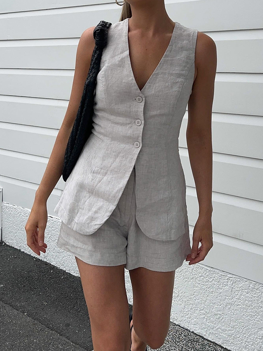 Damen schicker Anzug mit ärmellosem Blazer und bequemen Shorts Stalluxe