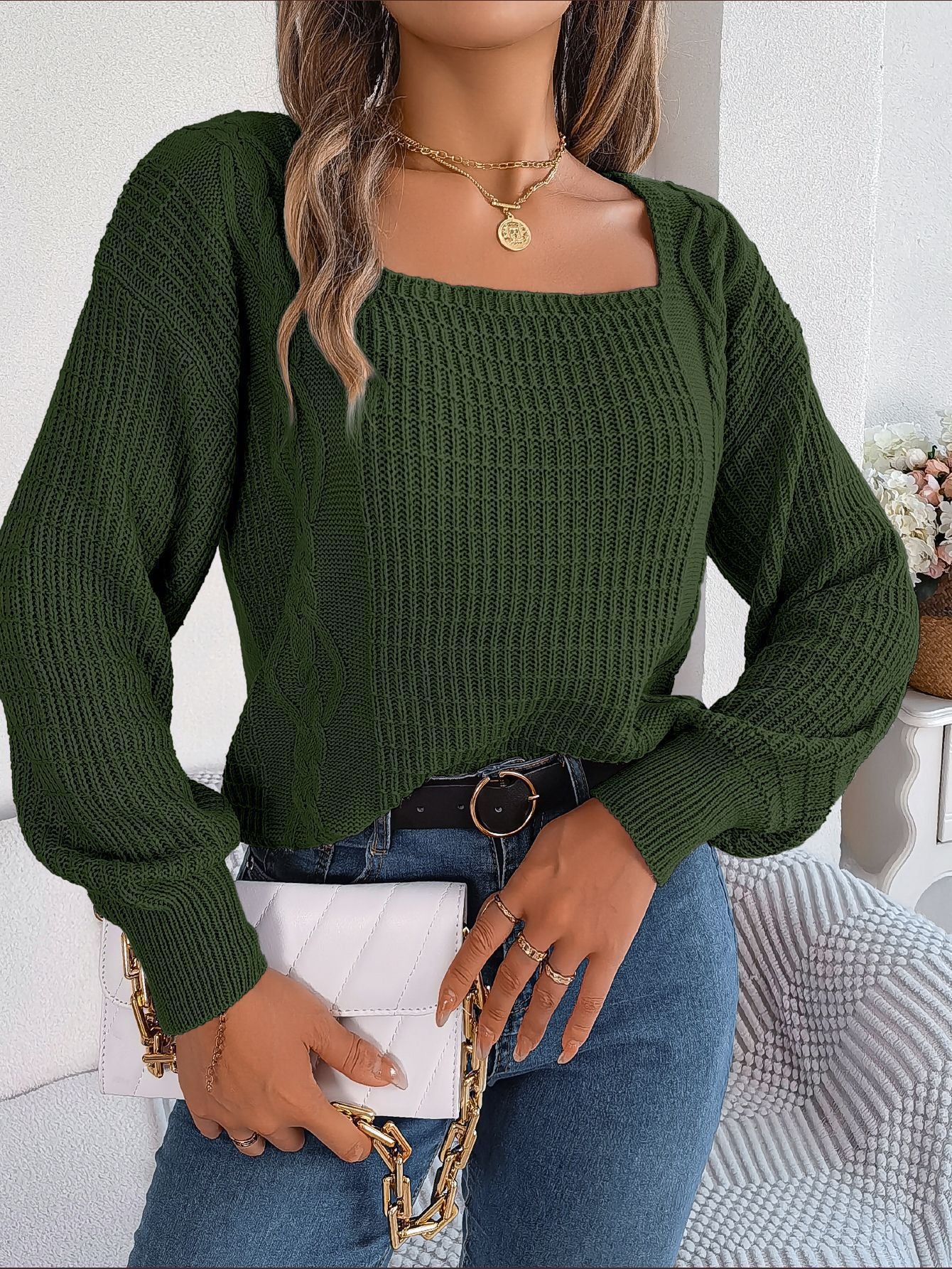 Damen Grobstrickpullover mit quadratischem Ausschnitt und voluminösen Ärmeln Stalluxe