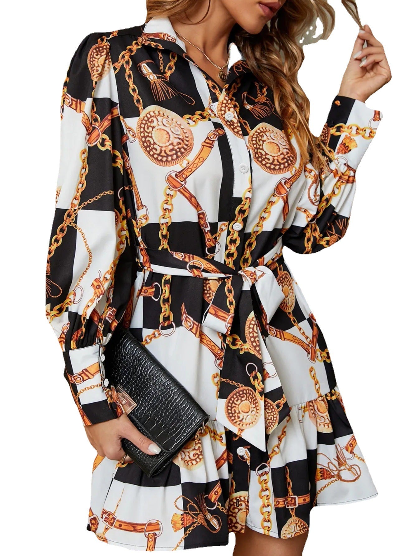 Damen Hemdblusenkleid mit künstlerischem Print und Rüschen Stalluxe
