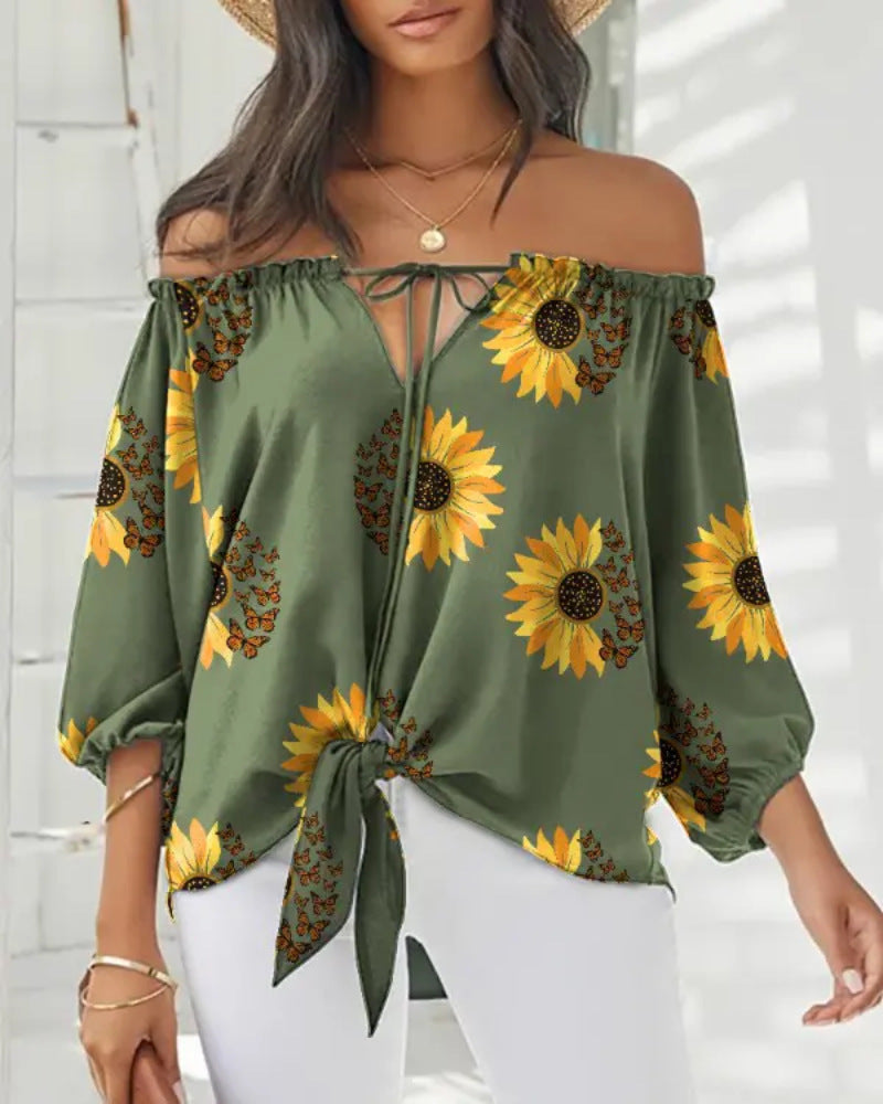 Damen Off-Shoulder Bluse mit floralem Design und Bindegürtel Stalluxe