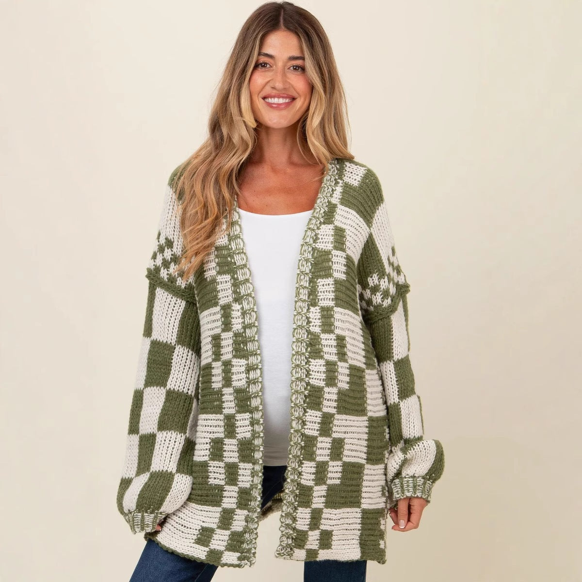 Damen Übergroße Karomuster-Strickjacke mit Taschen Stalluxe