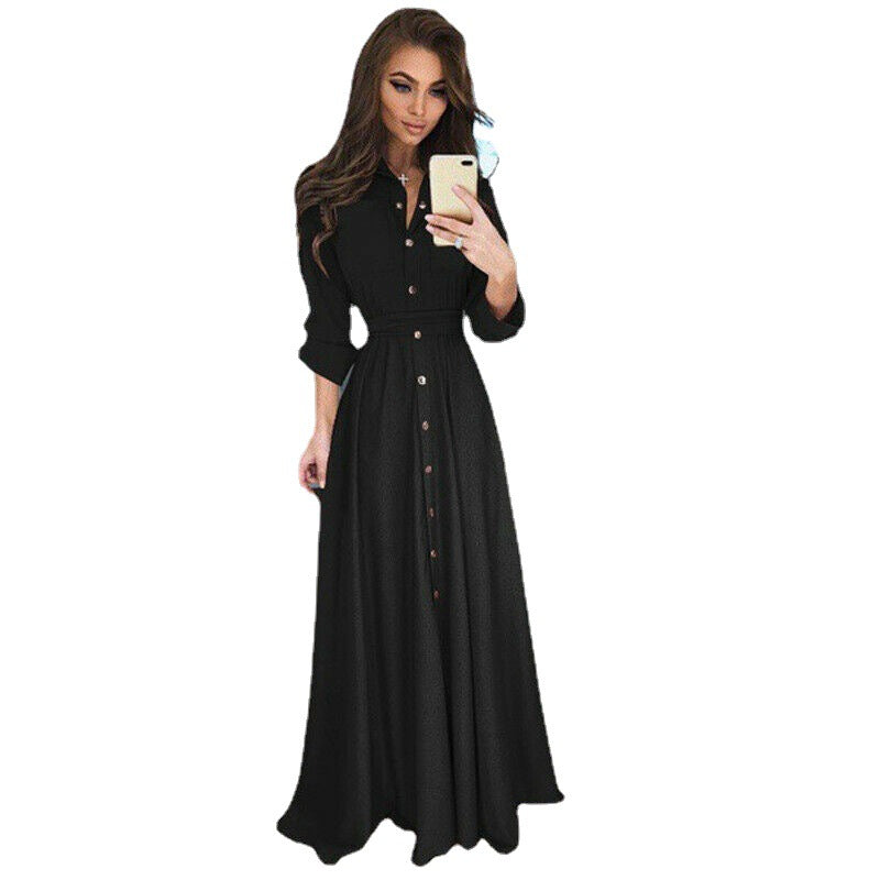Damen Maxikleid im Denim-Look mit Taillengürtel und Knopfleiste Stalluxe
