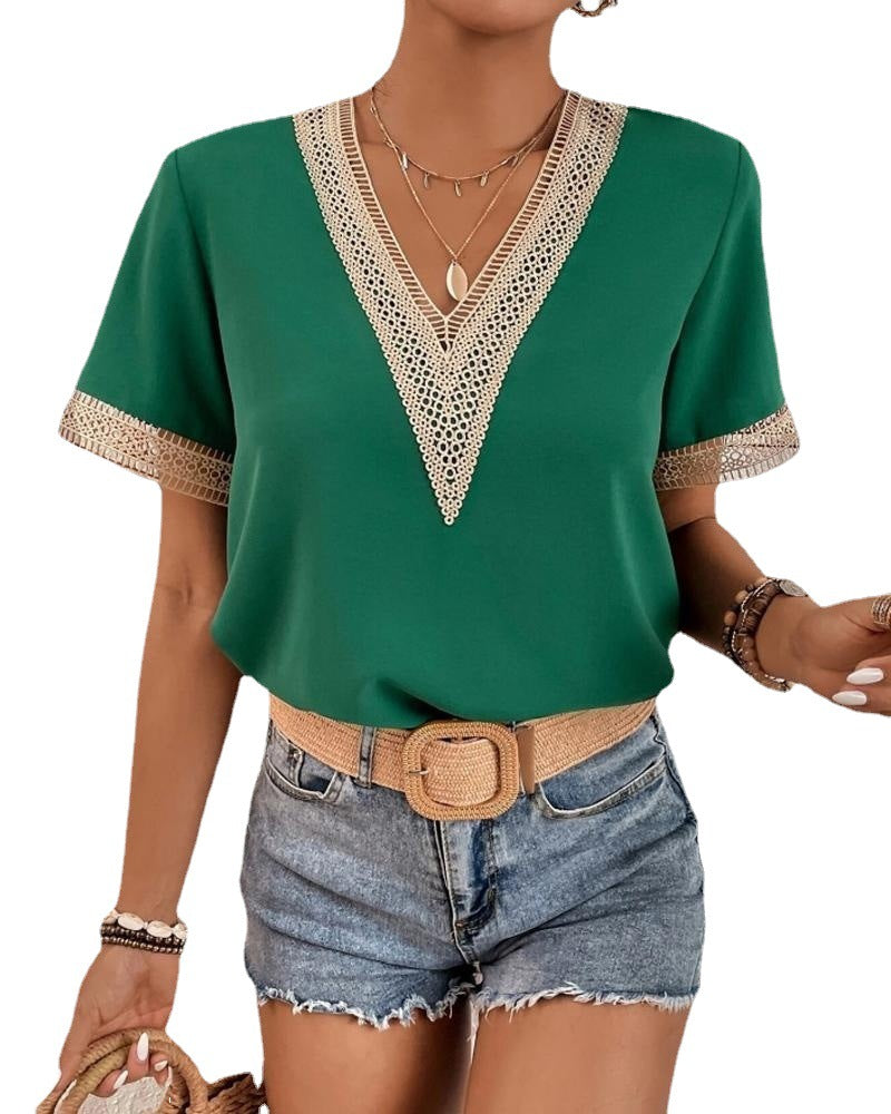 Damen Elegante Bluse mit V-Ausschnitt und dekorativen Spitzenapplikationen Stalluxe