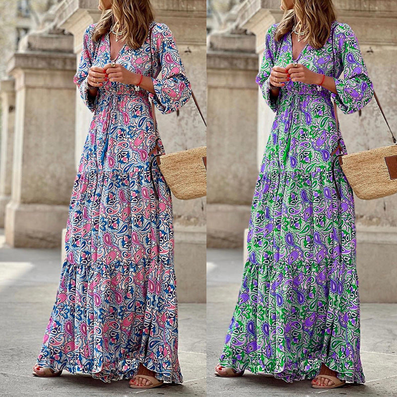Damen Maxikleid mit floralen Mustern und modischem Taillengürtel Stalluxe