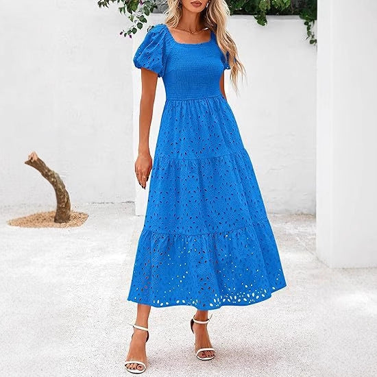 Damen Maxikleid mit dekorativem Lochmuster und Puffärmeln Stalluxe