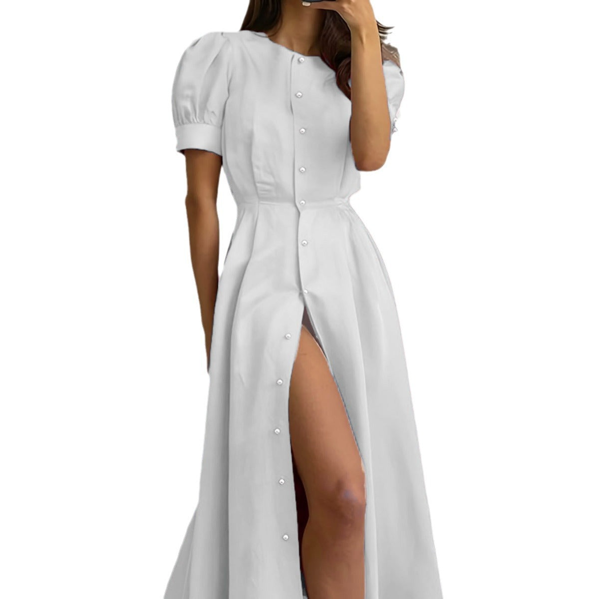 Damen Maxikleid mit Knopfleiste, Puffärmeln und seitlichem Schlitz Stalluxe