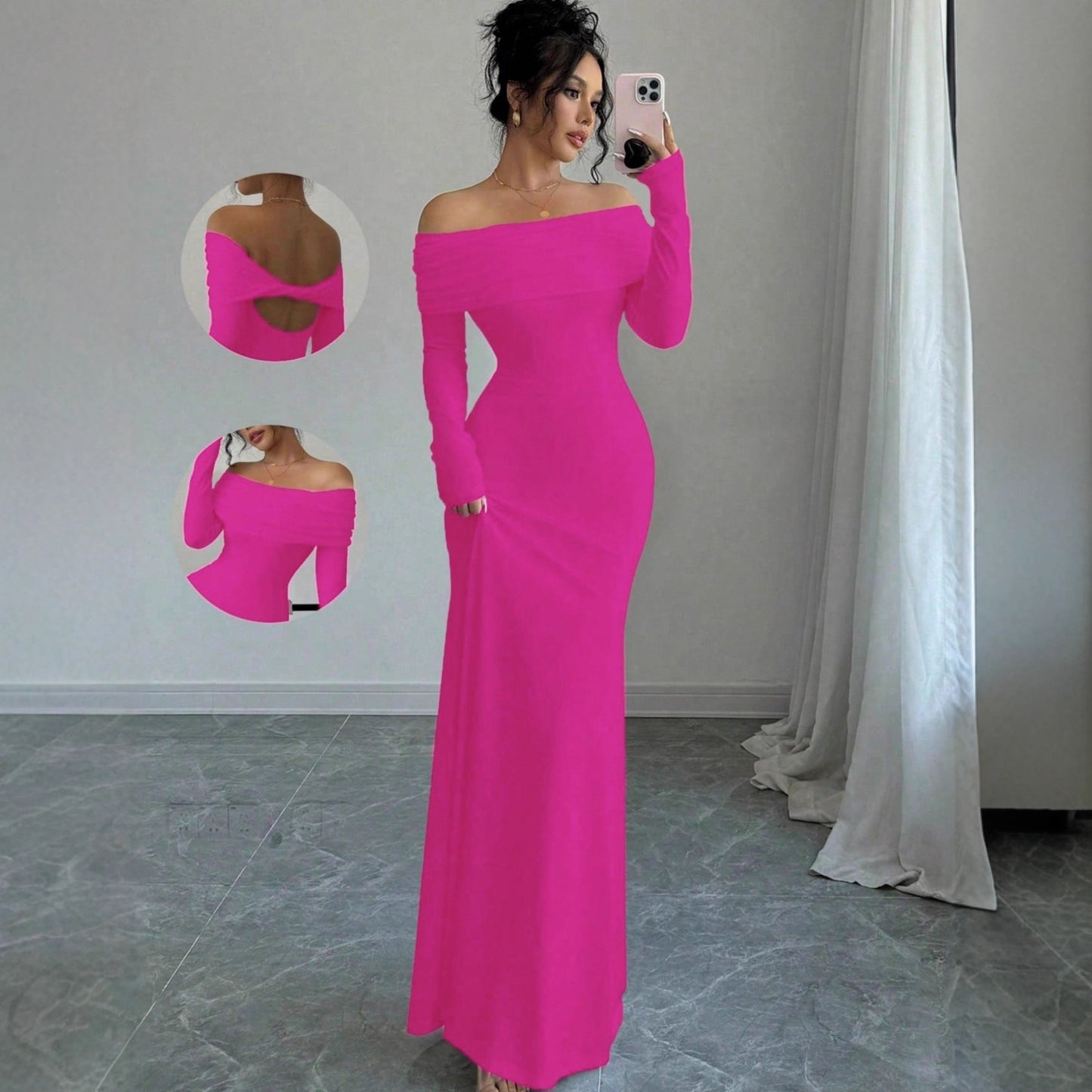 Damen elegantes Schulterfreies Langarm-Maxi-Kleid mit raffinierten Rückendetails Stalluxe