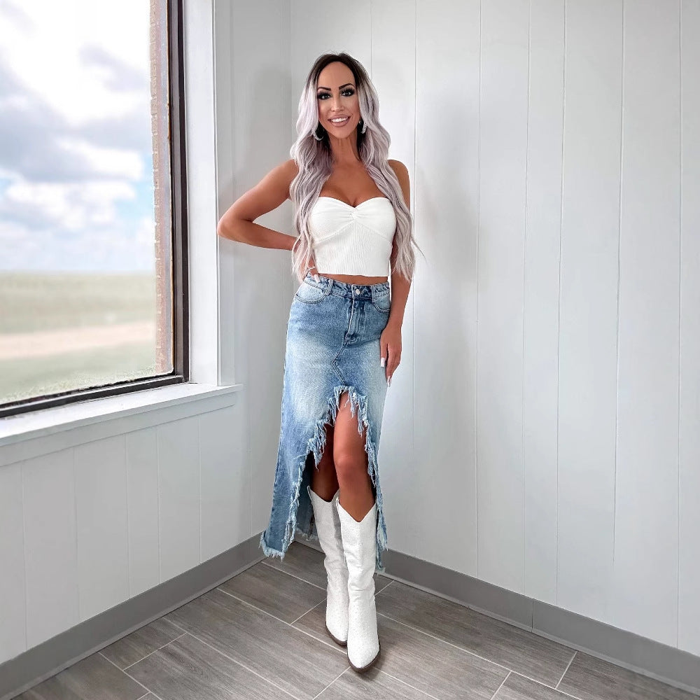 Damen Denim-Rock mit fransigem Saum und hohen Schlitzen Stalluxe