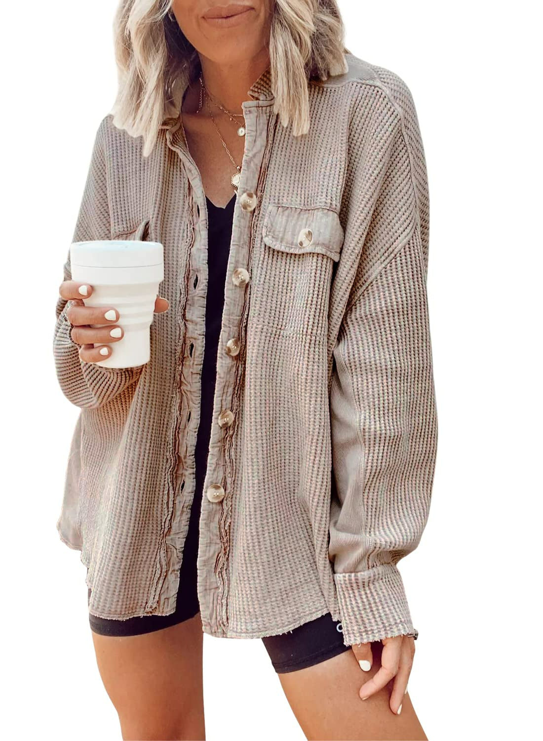 Damen Lässige Waffle-Strickjacke mit praktischen Taschen und Knopfdetails Stalluxe