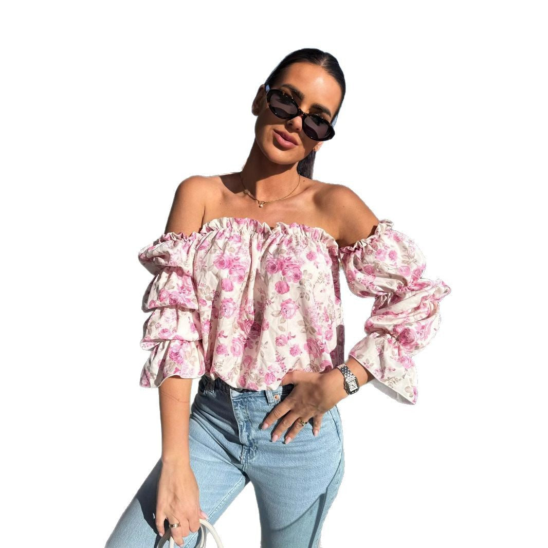 Damen verspielt blumige Off-Shoulder Bluse mit voluminösen Ärmeln Stalluxe