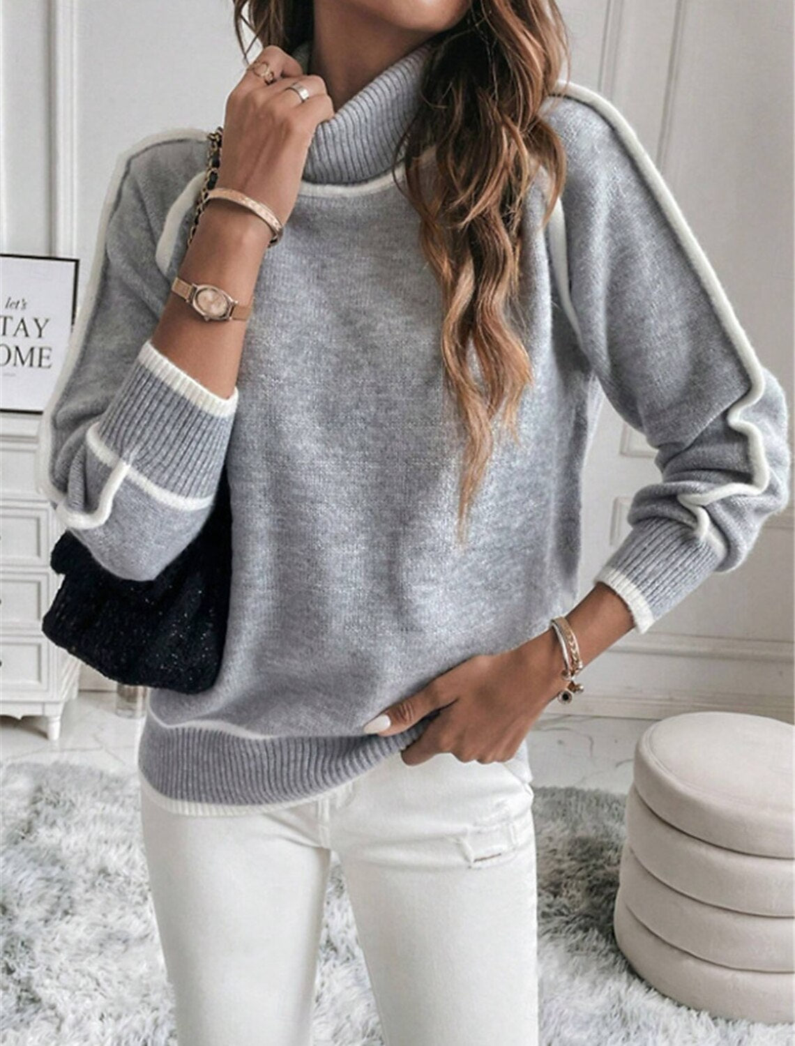 Damen lässiger Rollkragenpullover mit kontrastierenden Details Stalluxe