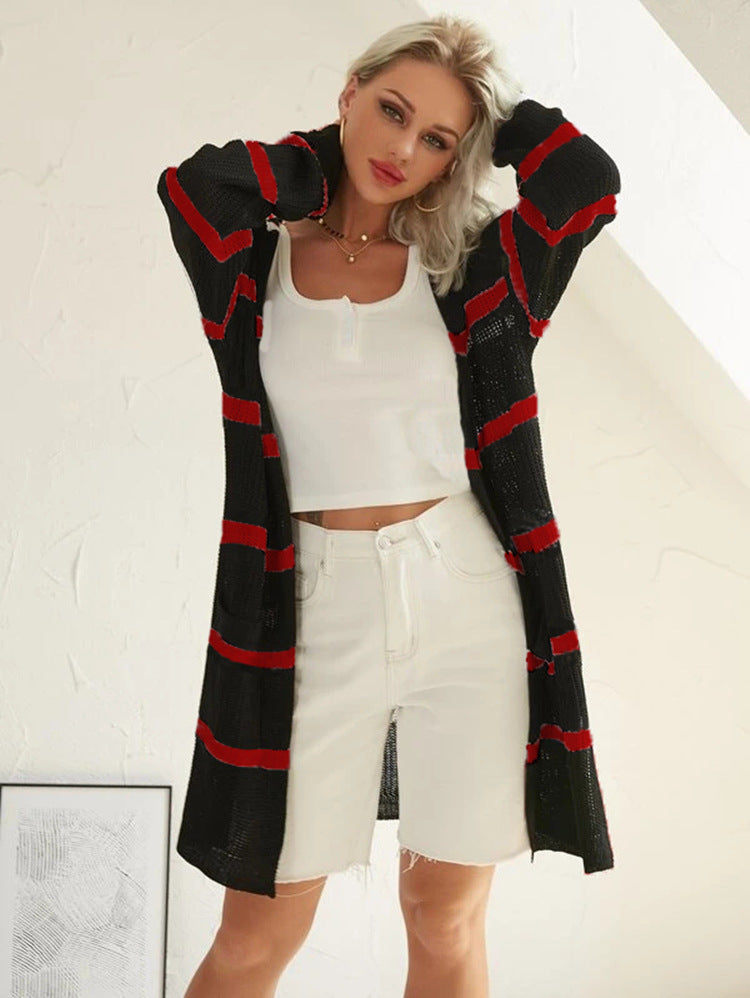 Damen Langer Strickcardigan mit Streifenmuster und offenem Design Stalluxe