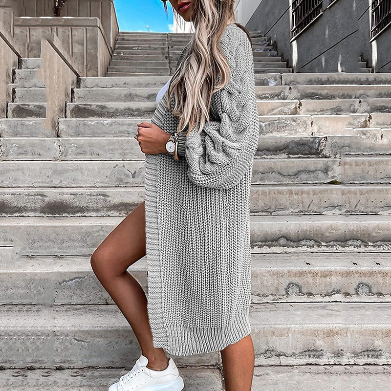 Damen Langer Strickcardigan mit voluminösen Puffärmeln und offenen Seiten Stalluxe