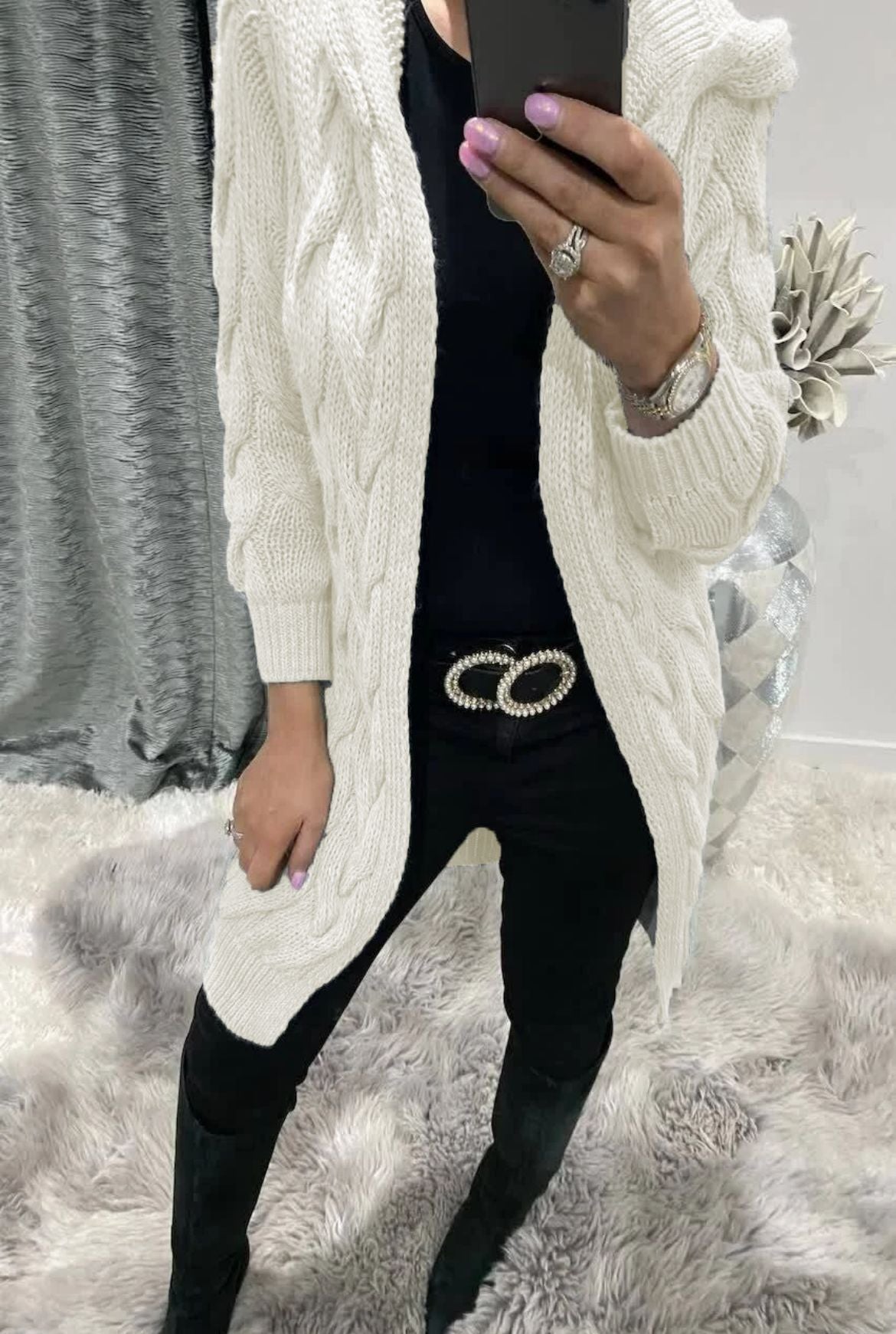 Damen Grobstrick-Cardigan mit Kapuze und Zopfmuster Stalluxe
