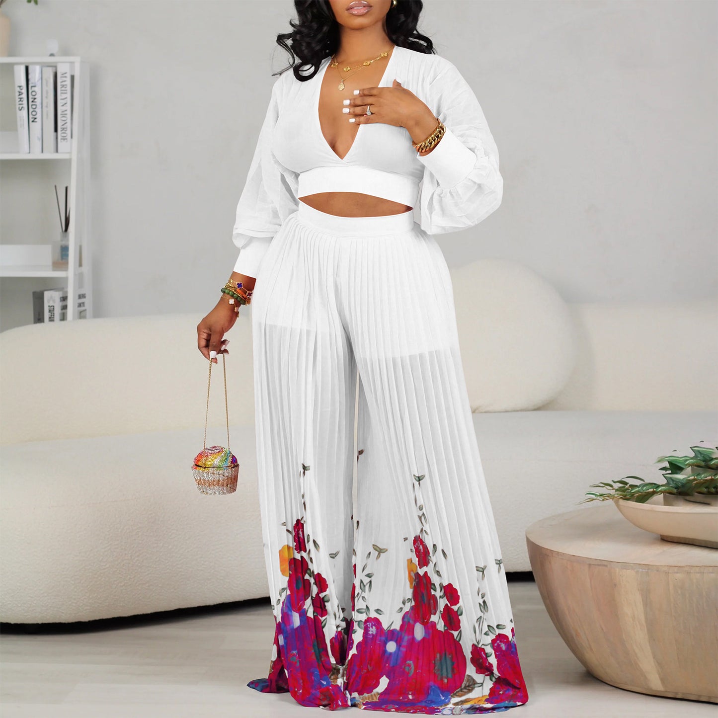 Damen Eleganter Jumpsuit mit weitem Bein und Blumenmuster Stalluxe