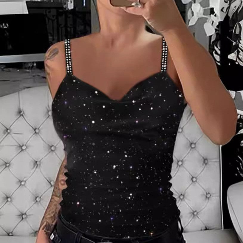 Damen Oberteil mit funkelndem Galaxie-Design und eleganten Spaghetti-Trägern Stalluxe