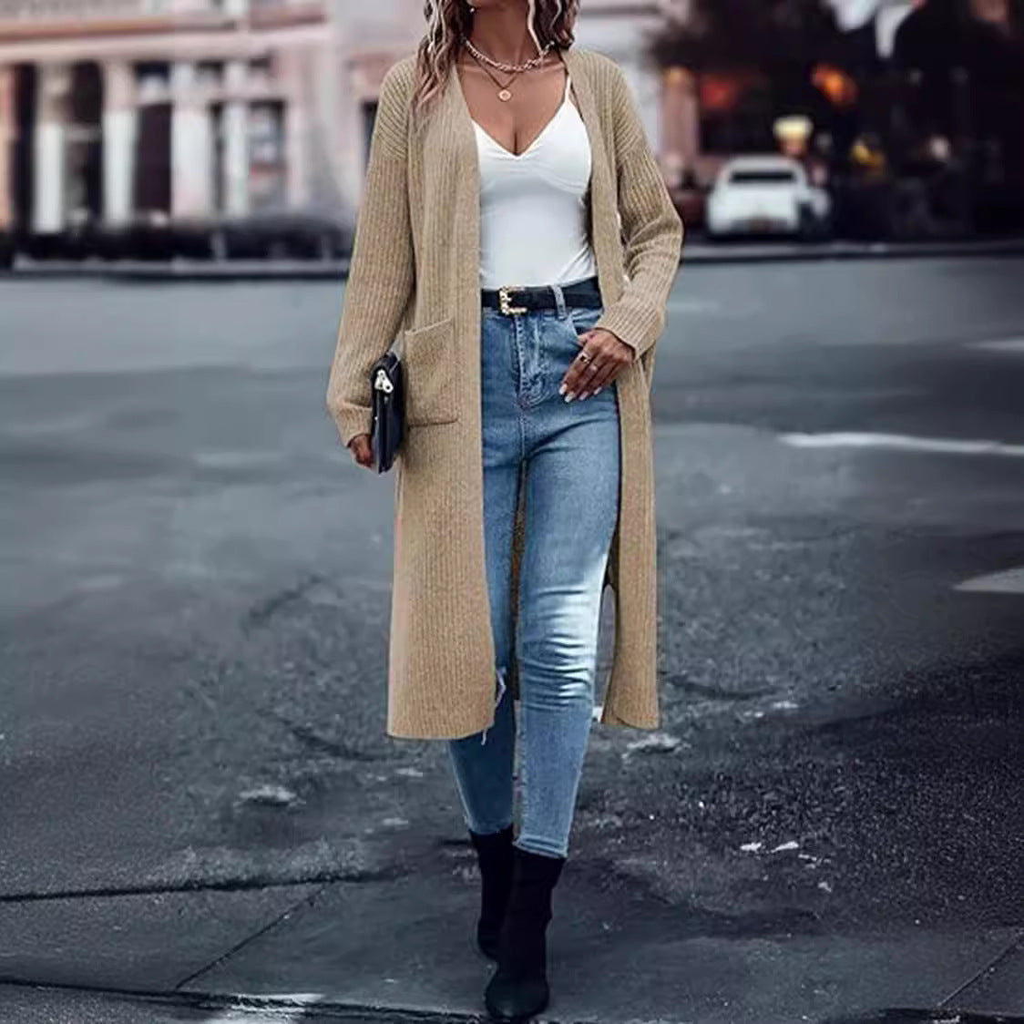 Damen Langer Strickcardigan mit tiefen Taschen und offenem Schnitt Stalluxe