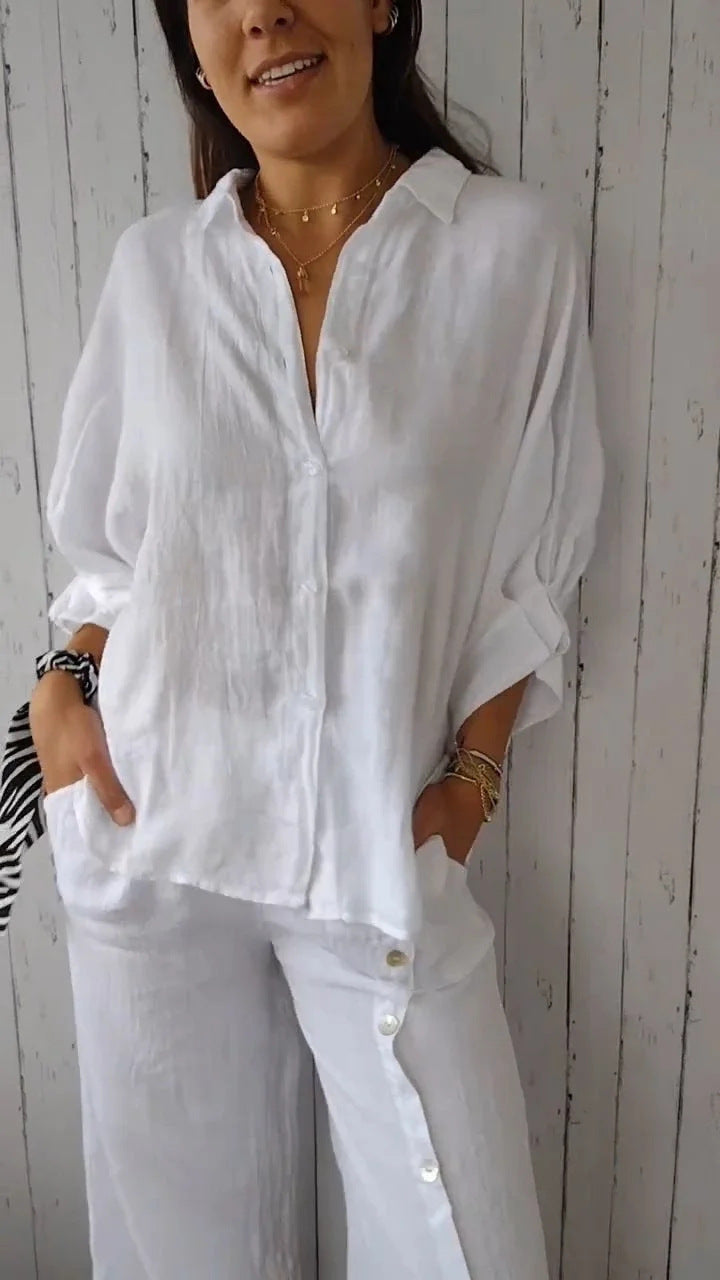 Damen luftige Leinenbluse mit eleganter Knopfleiste und lockerer Passform Stalluxe