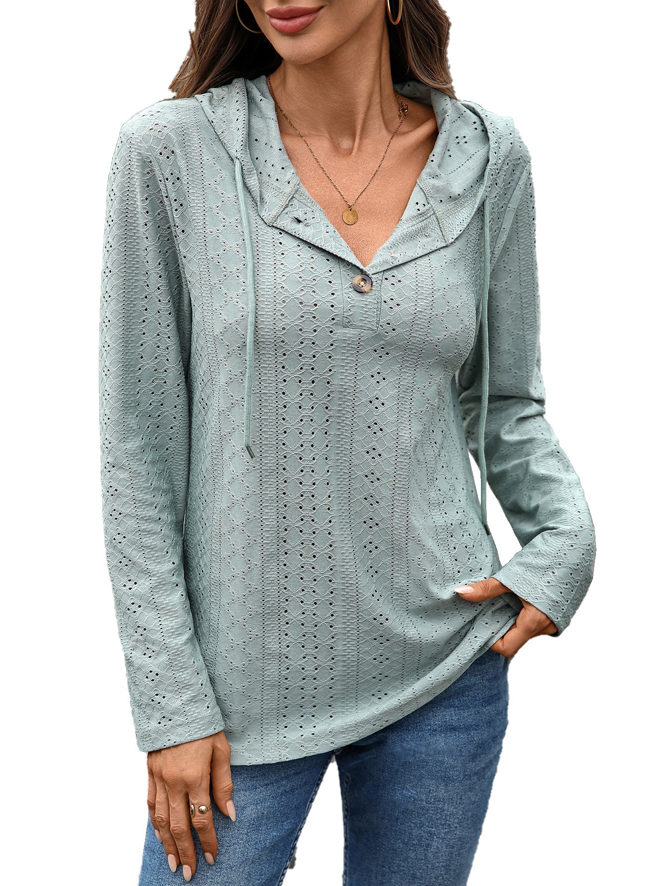 Damen Blusenshirt mit feinem Lochmuster und Kapuze Stalluxe