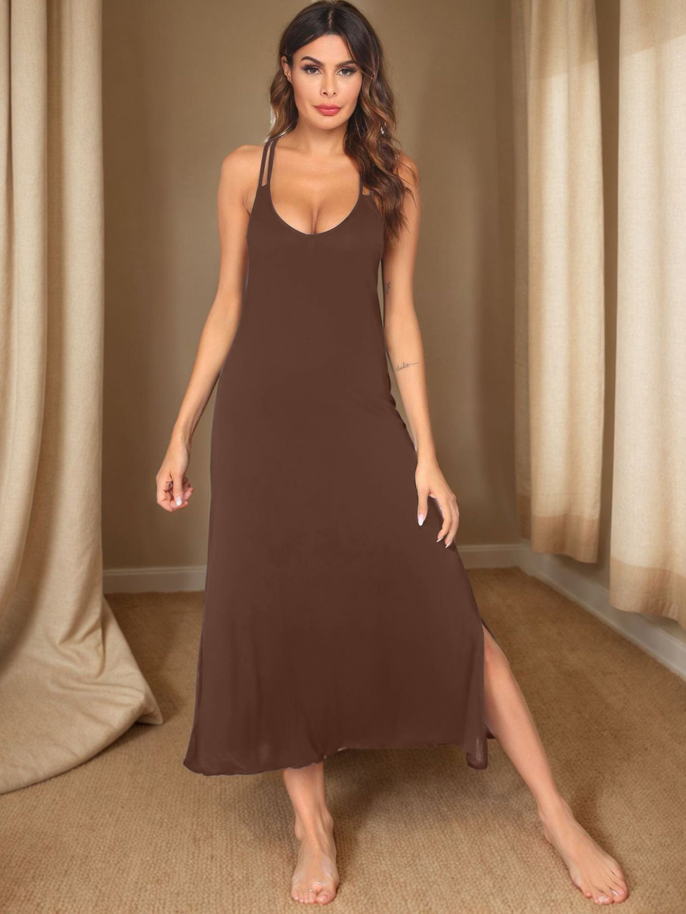 Damen ärmelloses Spaghetti-Träger-Maxikleid mit seitlichen Schlitzen Stalluxe