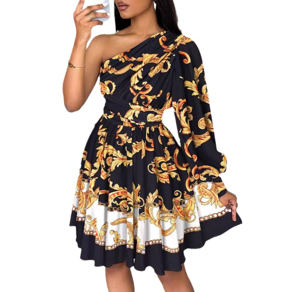 Damen Ein-Schulter-Blusenkleid mit elegantem Muster und Rüschendetails Stalluxe