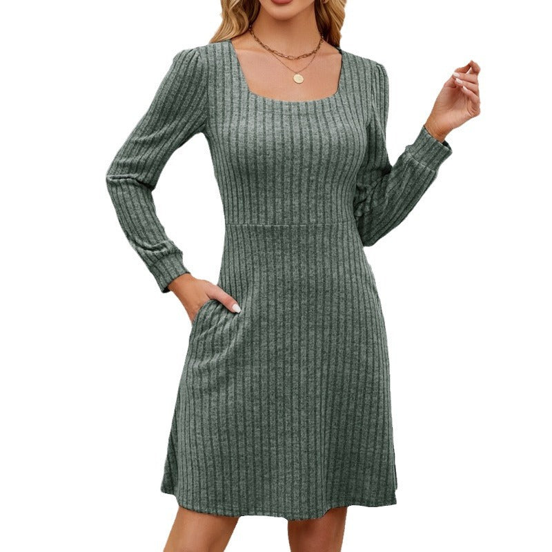 Damen Strickkleid mit Quadrat-Auschnitt und Taschen Stalluxe