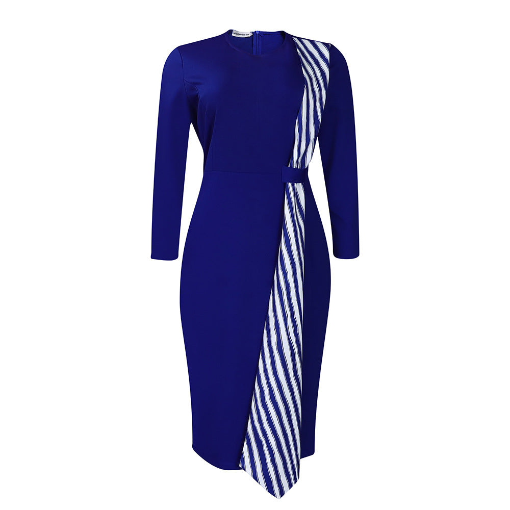 Damen elegantes Kleid mit asymmetrischem Bindegürtel und langen Ärmeln Stalluxe