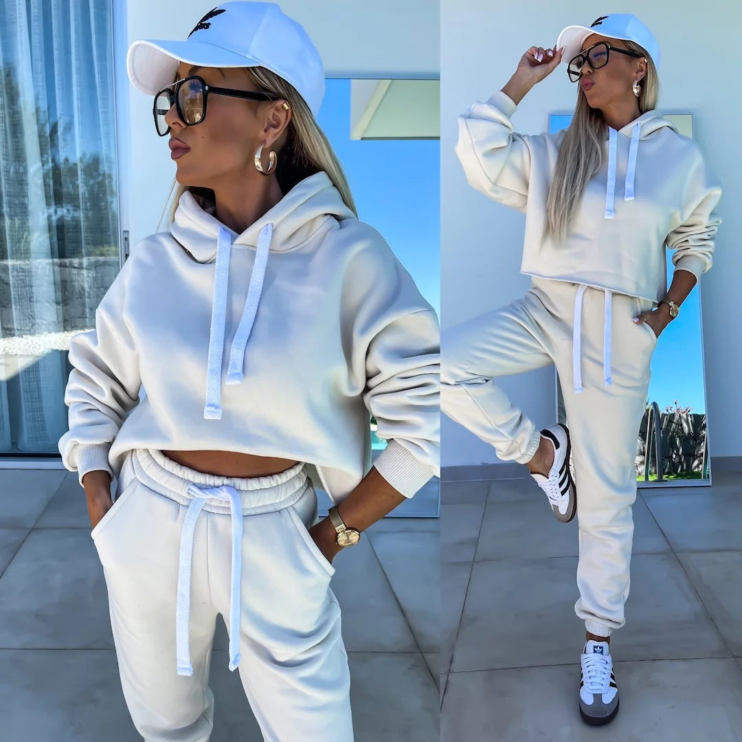 Damen bequemer Cropped Hoodie mit elastischem Bund und lässiger Jogginghose Set Stalluxe