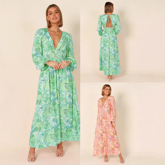 Damen Maxikleid mit tiefem V-Ausschnitt und elastischem Taillengürtel Stalluxe