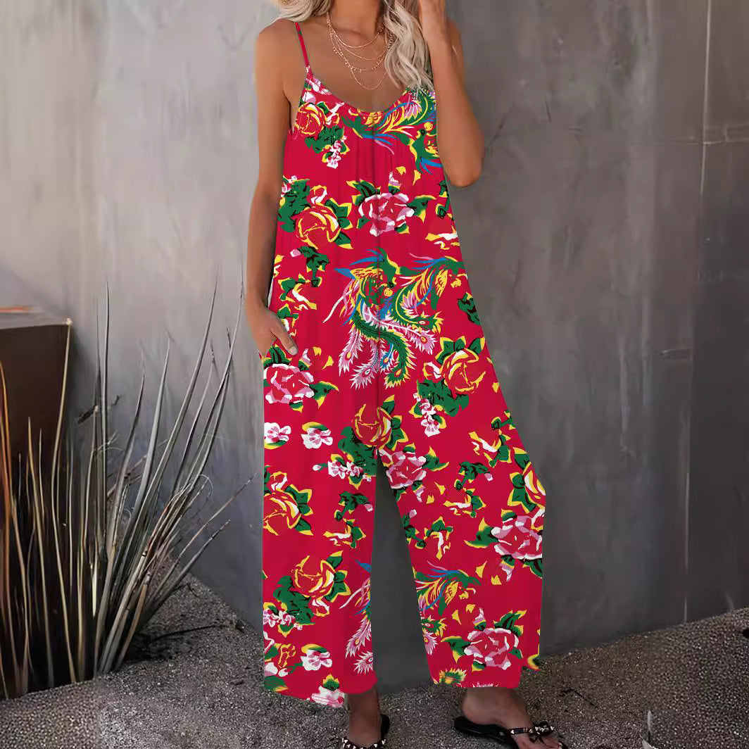 Damen Luftiger Jumpsuit mit floralem Design und verstellbaren Trägern Stalluxe